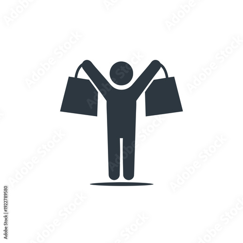 Happy shopper icon with arms raised holding shopping bags, successful retail purchase and consumerism concept