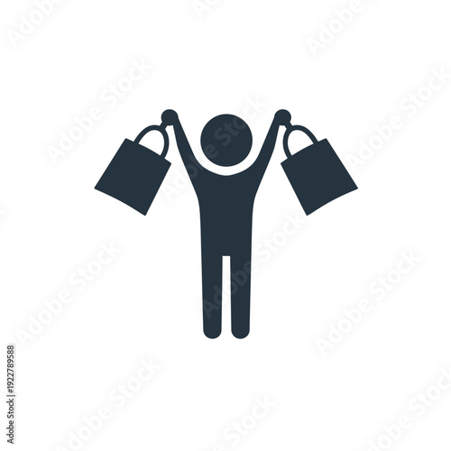 Happy person holding shopping bags icon, representing successful retail, consumer satisfaction, purchase, and buying achievement.