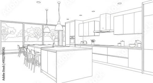 Modern Kitchen Interior Design Blueprint Sketch.