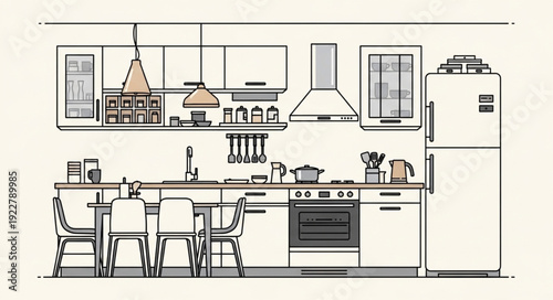 Modern Kitchen Interior Design Sketch with Appliances and Furniture.