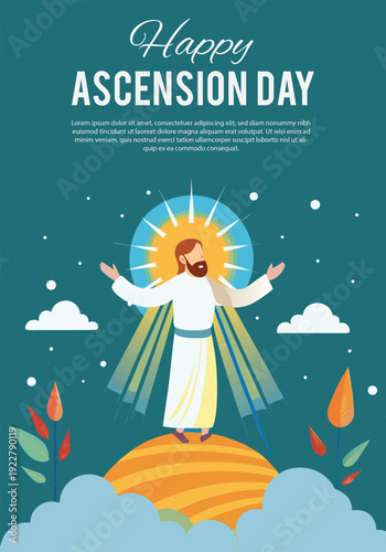 A vibrant illustration celebrating ascension day, depicting jesus in white robes ascending to heaven amidst bright light and clouds