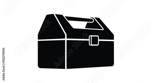 Black and white illustration of a vintage lunch box with a handle