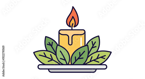 A stylized illustration of a lit candle surrounded by green leaves