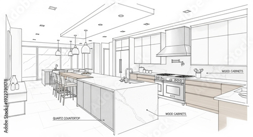 Modern Kitchen Interior Design Sketch.