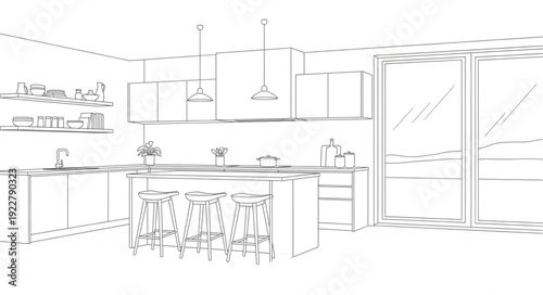 Modern Kitchen Interior Design Sketch.