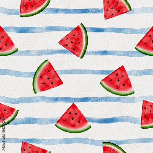 Watercolor watermelon seamless on stripped