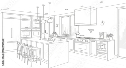 Modern Kitchen Interior Design Blueprint Sketch.