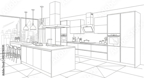 Modern Kitchen Interior Design Blueprint Sketch.