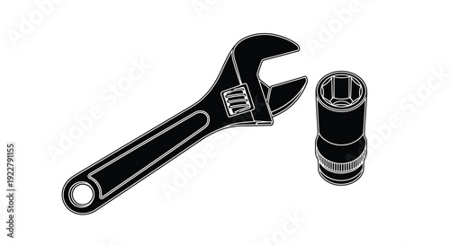 A black and white illustration of a wrench and a socket tool
