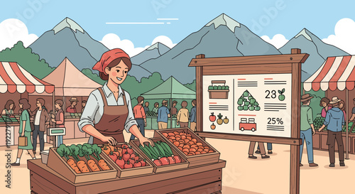 Female vendor selling fresh produce at a vibrant outdoor market stall.