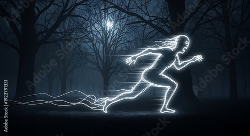Glowing silhouette runs through dark forest night digital illustration