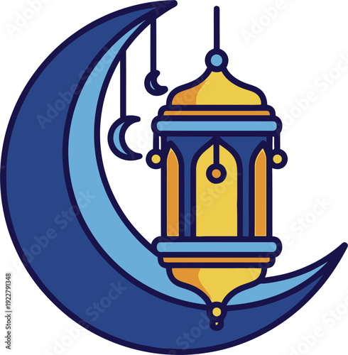 Ornate Hanging Lantern Suspended From Blue Crescent