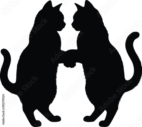 Black vector silhouette of two domestic cats sitting face to face and touching paws for pet care animal friendship feline companionship and veterinary branding