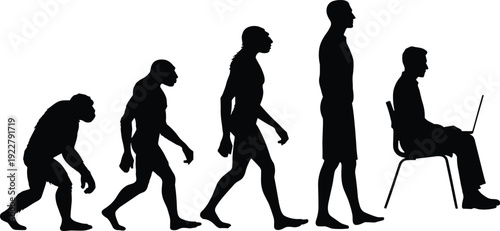Human Evolution Silhouette Illustration Showing Progression from Primate to Modern Man Using Laptop, Concept of Technological Advancement and Sedentary Lifestyle in Digital Age Society