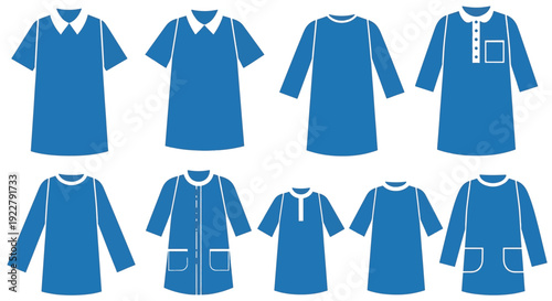 Collection of blue shirts and dresses with various collars and pockets displayed in a grid layout