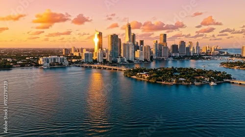 Wallpaper Mural Golden hour paints a vibrant Miami skyline reflecting on calm bay waters Skyscrapers reach for the soft hued sky a beautiful urban coastal vista Torontodigital.ca