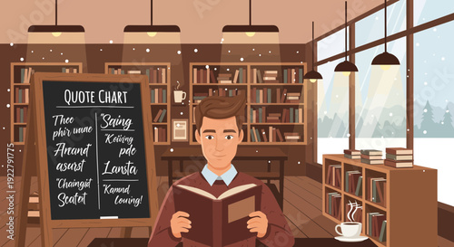 Man reading a book in a cozy library setting.