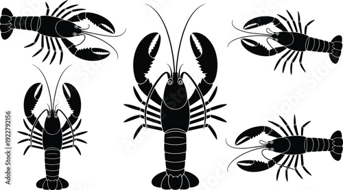 Set of black lobster silhouettes including top and side views of marine crustaceans with large claws for seafood restaurant menus and nautical design