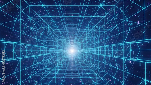 A futuristic network grid converges towards a radiant light source at the center, emitting a sense of technological advancement and global connectivity from a forward perspective.