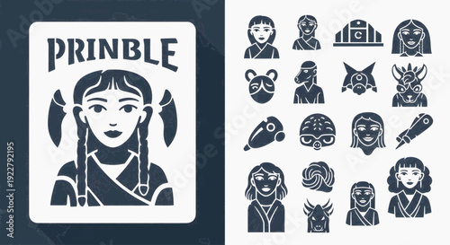 Stencil style portraits of diverse people and symbols, including the name 'PRINBLE' in bold lettering.