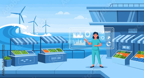 Woman Interacting with Holographic Interface in Modern Market.