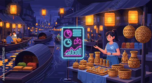 Woman selling crafts at a market stall with a glowing data display.