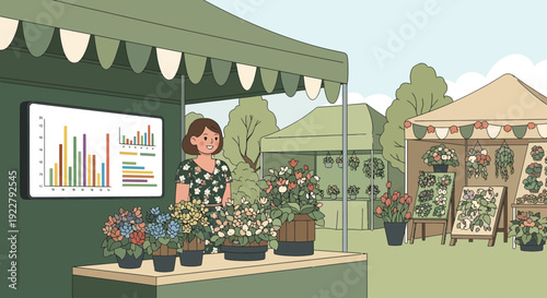 Woman selling potted plants at a market stall with a digital display showing sales data.