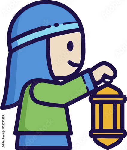 Child In Headscarf Carrying Lantern Forward