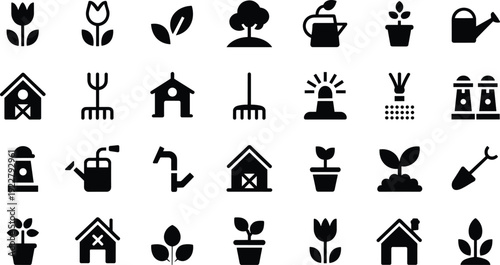 Set of black garden icons including flowers plants trees watering cans rakes shovels and farm buildings for agriculture and landscaping isolated on white background