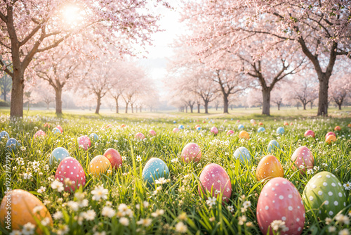 Wallpaper Mural Colorful Easter eggs scattered across blooming cherry blossom orchard with golden spring sunlight filtering through pink petals Torontodigital.ca
