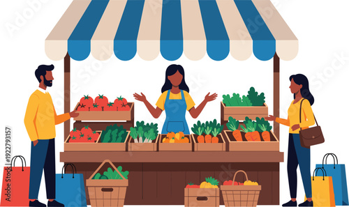 Flat vector illustration of a female vendor selling fresh organic vegetables like tomatoes and carrots at a local market stall to diverse customers.