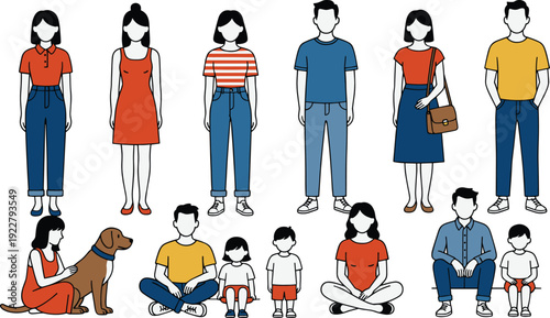 Flat vector illustration set of diverse people and family members in casual outfits, including standing adults, a woman with a dog, and sitting children.