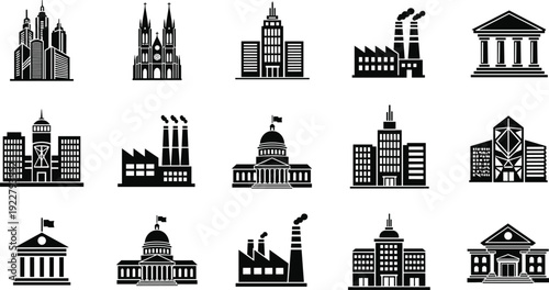 Modern City Architecture Silhouette Vector Set with Government Buildings Factories Museums and Skyscraper Icons for Urban Real Estate Design Projects