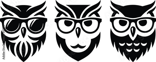Set of three minimalist owl logos with glasses, black and white vector illustration, modern hipster mascot design isolated on light background for branding projects
