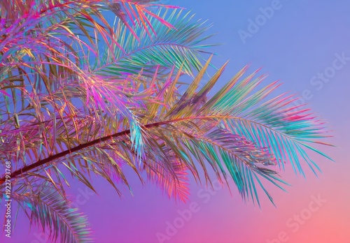 Palm fronds radiating vibrant neon colors against a gradient sky