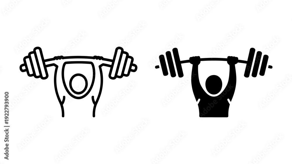 Obraz premium A strong person performing an overhead weightlifting exercise with a barbell in two distinct icon styles.