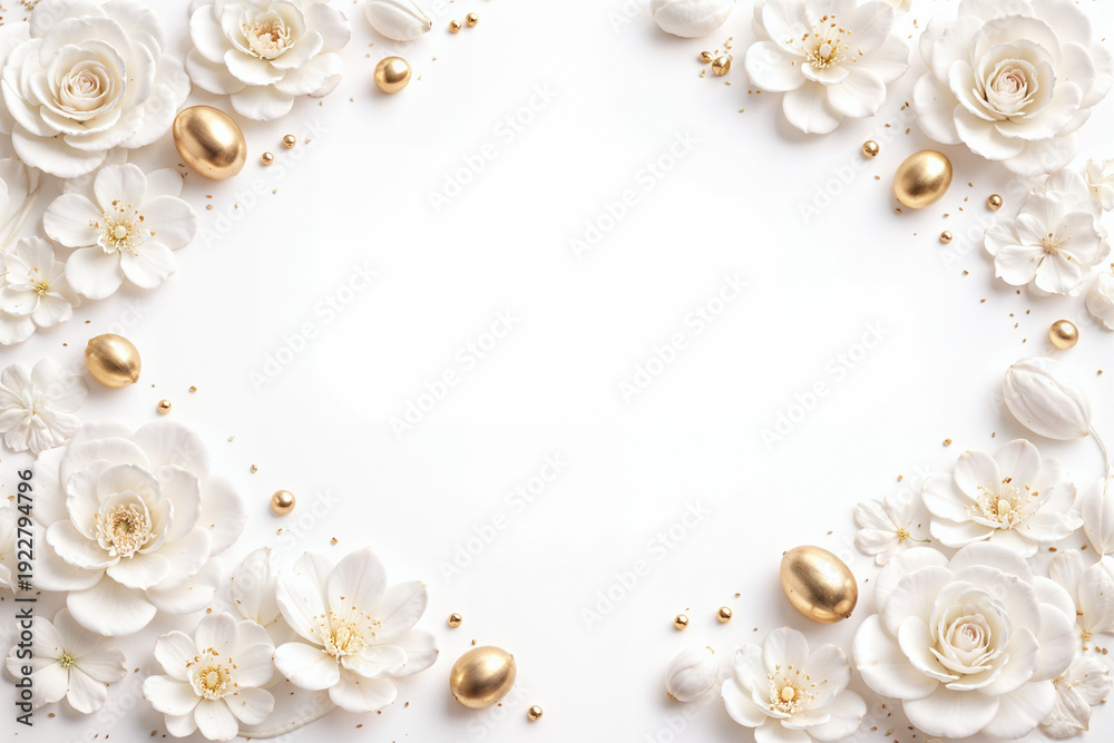 custom made wallpaper toronto digitalSophisticated flat lay composition featuring pristine white roses, delicate blossoms, and metallic golden eggs arranged as decorative border
