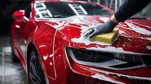 Red sports car getting washed with water, highlighting car care and detailing
