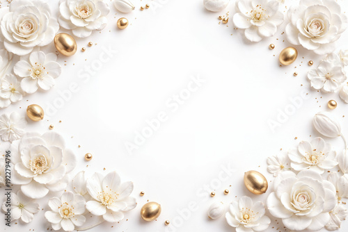 Wallpaper Mural Sophisticated flat lay composition featuring pristine white roses, delicate blossoms, and metallic golden eggs arranged as decorative border Torontodigital.ca
