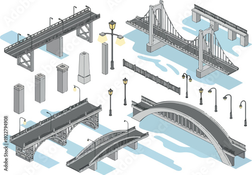 Detailed illustration of various bridge types and components over a river from an aerial viewpoint