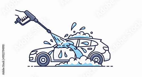 Hand washing a car with a high-pressure water jet and foam, clean vehicle concept illustration