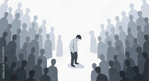 Lone sad person bowed down amidst a crowd of indifferent, shadowy figures, illustrating loneliness and isolation.
