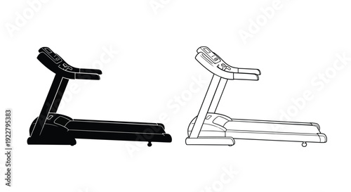Line drawing of a treadmill presented in both filled and outlined views