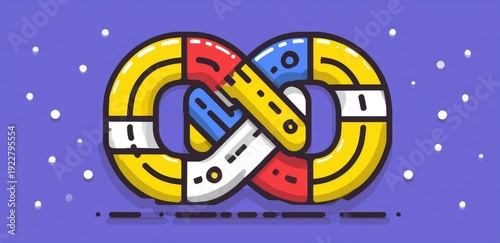 A colorful, stylized figure-eight symbol with intersecting and segmented parts, set on a purple background