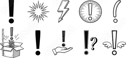 Exclamation point icon set, alert and warning symbols, lightning bolt, surprise jack in the box, winged notice, hand holding exclamation.