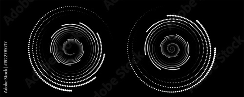 Set of speed lines in circle form. Radial speed Lines in Circle Form for comic books. Technology round Logo. Black thick halftone dotted speed lines.