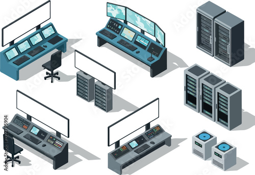 Isometric illustration of computer workstations and servers in a modern office setting viewed from above