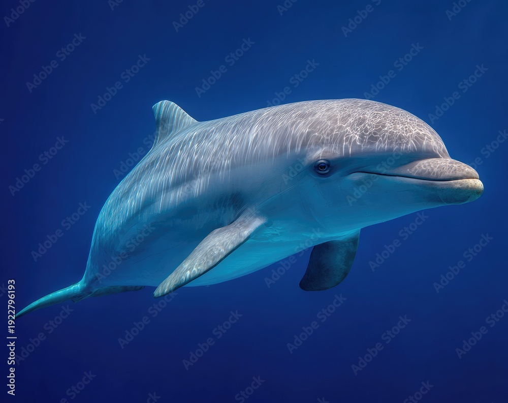 Fototapeta premium A sleek dolphin swims gracefully in deep blue waters, captured in a side profile shot