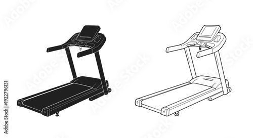 Two line art depictions of a modern fitness treadmill machine