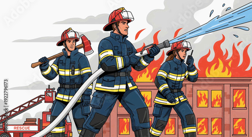 Illustration of a firefighting team in action, with firefighters spraying water on a burning building, rescue ladder visible.
